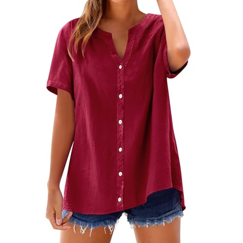 Leinen Tunika Damen Blusen Tuniken für Damen Plus Größe Knopf Tunika Bluse Sommer Kurzarm Boho Shirt Lose Passform V-Ausschnitt Oberteil Hemdbluse von YEBIRAL