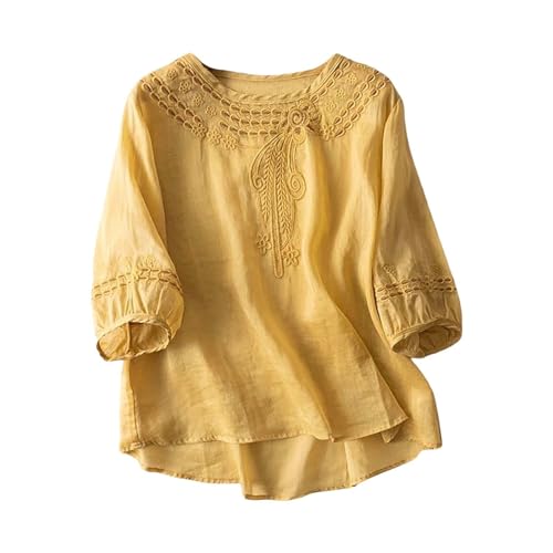 Leinenbluse Damen Langarm Leinen Bluse Damen Plus Größe Kurzarm Tunika Bluse Retro Jacquard Hemdbluse Baggy Lose Fit Shirt Leicht Fließenden Saum Musselin Tuch von YEBIRAL