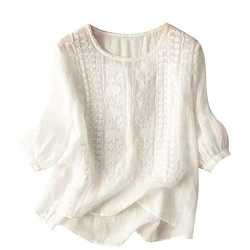 Leinenbluse Damen Leinen Bluse Damen Plus Größe Kurzarm Tunika Bluse Retro Jacquard Hemdbluse Baggy Lose Fit Shirt Leicht Fließenden Saum Sommerbluse von YEBIRAL