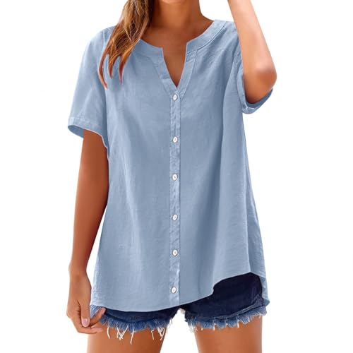 Leinenbluse Damen Sommer Blusen Tuniken für Damen Plus Größe Knopf Tunika Bluse Sommer Kurzarm Boho Shirt Lose Passform V-Ausschnitt Oberteil Bluse Musselin von YEBIRAL