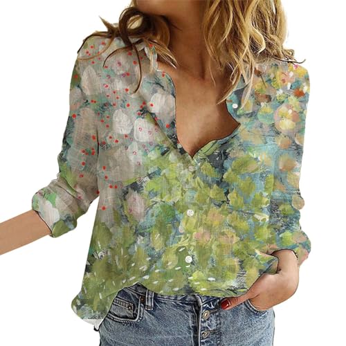 Leinenbluse Damen Sommer Longbluse Damen Leinenhemd Langarm Tunika Shirt Elegante Retro Print Boho Shirts Sommer Leichte Kragen Revers Basic Bluse Bluse Street One von YEBIRAL