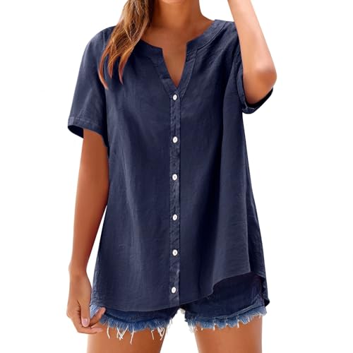 Leinenhemd Damen Blusen Tuniken für Damen Plus Größe Knopf Tunika Bluse Sommer Kurzarm Boho Shirt Lose Passform V-Ausschnitt Oberteil Curvy Mode von YEBIRAL