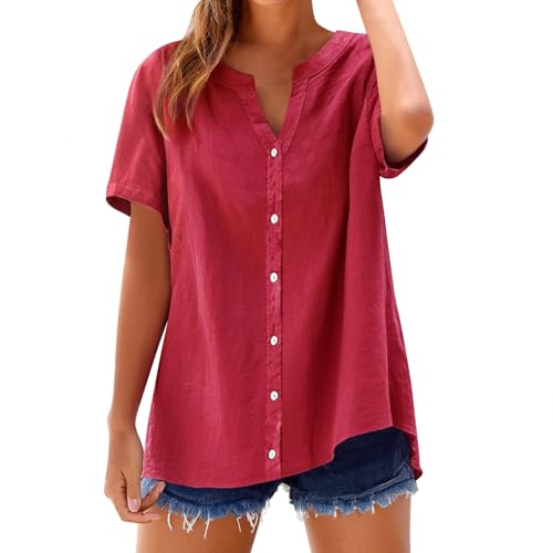 Leinenhemd Damen Blusen Tuniken für Damen Plus Größe Knopf Tunika Bluse Sommer Kurzarm Boho Shirt Lose Passform V-Ausschnitt Oberteil Gestreiftes Langarmshirt von YEBIRAL