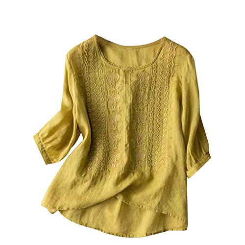 Longbluse Damen Leinen Bluse Damen Plus Größe Kurzarm Tunika Bluse Retro Jacquard Hemdbluse Baggy Lose Fit Shirt Leicht Fließenden Saum Damenblusen Langarm von YEBIRAL