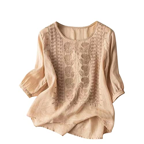 Musselin Bluse Damen Lang Leinen Bluse Damen Plus Größe Kurzarm Tunika Retro Jacquard Baggy Lose Fit Shirt Leicht Fließenden Saum von YEBIRAL