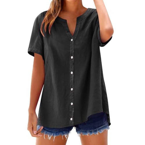Musselin Bluse Damen Oversized Blusen Tuniken für Damen Plus Größe Knopf Tunika Bluse Sommer Kurzarm Boho Shirt Lose Passform V-Ausschnitt Oberteil Strandbluse von YEBIRAL
