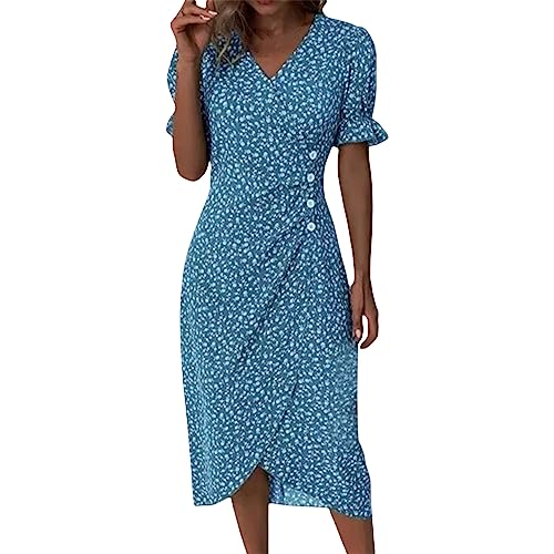 Same Day Lieferung Produkte Sommerkleid Damen Kurzarm v Ausschnitt Damenkleid Elegante Plissee Tunikakleid Casual Floral Print Dress Ausschnitt Loose Damen Kleider elegant von YEBIRAL