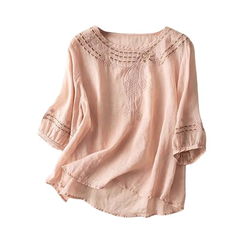 Sommerblusen Damen Leicht Und Luftig Leinen Bluse Damen Plus Größe Kurzarm Tunika Bluse Retro Jacquard Hemdbluse Baggy Lose Fit Shirt Leicht Fließenden Saum Kaftan von YEBIRAL