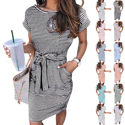 Sommerkleid A Linie Damen Sommerkleid Damen Knielang Kurzarm Gestreift Blusenkleid Elegant Rundhalsausschnitt Midikleid Casual Wickelkleid Strandkleid Hemdblusenkleid Damen von YEBIRAL