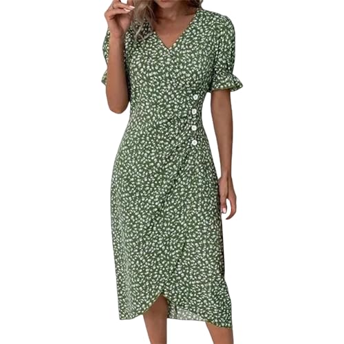 Warehouse Deal Must Have Sommerkleid Damen Kurzarm v Ausschnitt Damenkleid Elegante Plissee Tunikakleid Casual Floral Print Dress Ausschnitt Loose Kleid Hochzeitsgast Damen von YEBIRAL