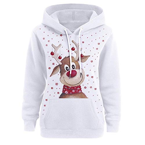 Weihnachten Pullover Damen, Teenager Mädchen Weihnachtspulli Rudolph Rentier Elfe Kapuzen Christmas Sweatshirt Xmas Pulli Schneemann Hoodie Weihnachtspullover Kapuzenpulli Kapuzenpullover(S,A- Weiß) von YEBIRAL