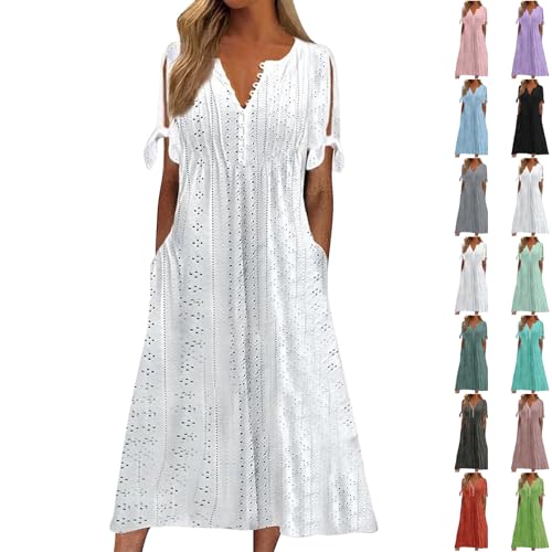 YEBIRAL Angebote des Tages Heute blitzangebote Sommerkleid Damen Mit Taschen BohèMe Jacquard Midikleid Mode Ausschnitt Kurze ÄRmel Strandkleider Knopf Unten V-Ausschnitt Angebote Tages blitzangebote von YEBIRAL