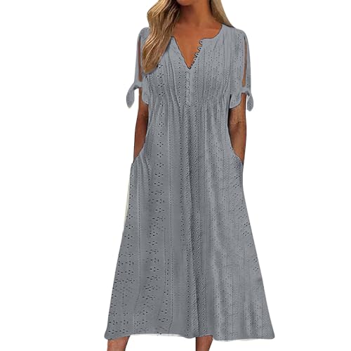 YEBIRAL Angebote des Tages Heute blitzangebote Sommerkleid Damen Mit Taschen BohèMe Jacquard Midikleid Mode Ausschnitt Kurze ÄRmel Strandkleider Knopf Unten V-Ausschnitt retourenkauf Angebote von YEBIRAL