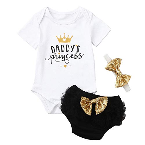 YEBIRAL Baby Mädchen 4-teilig Babykleidung Set Daddy's Prinzessin Kurzarm Body Strampler + Shorts + Stirnband Neugeborene Kleinkind Baumwolle Outfits Set für 0-24 Monate von YEBIRAL