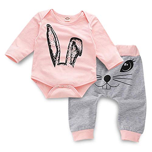 YEBIRAL Baby Mädchen Langarm Pink Romper Cartoon Kaninchen Hose Kleinkind Baumwolle Outfits Set für 0-24 Monate von YEBIRAL