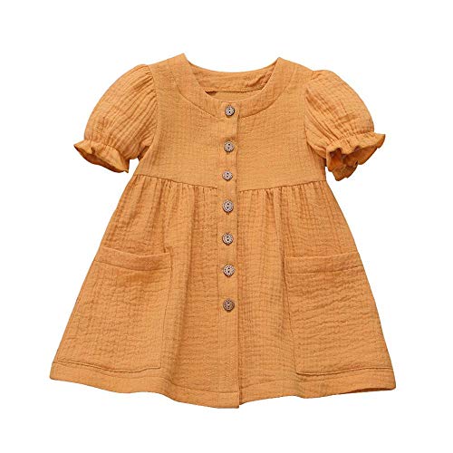 YEBIRAL Baby Mädchen Sommer A-Linie Kurzarm Baumwolle Leinen Kleider einfarbig Kleinkind Prinzessin Blusenkleid Basic Rundhals Freizeitkleidung Gr. 80-120 von YEBIRAL