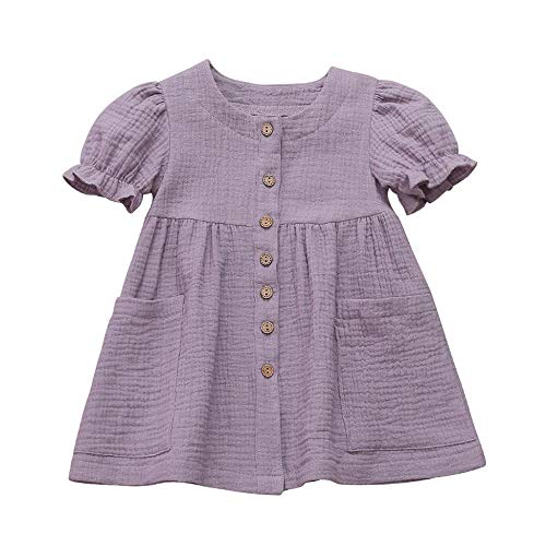 YEBIRAL Baby Mädchen Sommer A-Linie Kurzarm Baumwolle Leinen Kleider einfarbig Kleinkind Prinzessin Blusenkleid Basic Rundhals Freizeitkleidung Gr. 80-120 von YEBIRAL