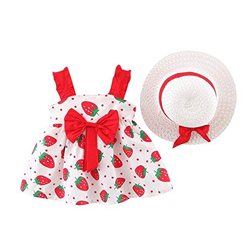 YEBIRAL Babykleidung Baby Mädchen Sommer Ärmellos Minikleid Erdbeere Bedruckt Kleinkind Prinzessin Kleider mit Schleife Urlaub Sommerkleid + Hut Set von YEBIRAL