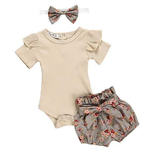 YEBIRAL Babykleidung Set Baby Mädchen Kleidung Kurzarm Body Strampler + Hose + Stirnband Neugeborene Kleinkinder Baumwolle Outfits Set 3 Stück (Khaki 02, 6-12 Monate) von YEBIRAL