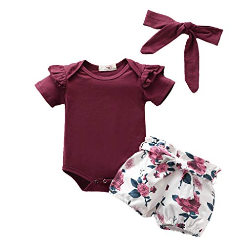 YEBIRAL Babykleidung Set Baby Mädchen Kleidung Kurzarm Body Strampler + Hose + Stirnband Neugeborene Kleinkinder Baumwolle Outfits Set 3 Stück (Weinrot 05, 6-12 Monate) von YEBIRAL