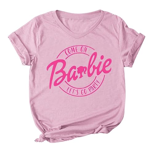 YEBIRAL Barbie Tshirts Damen Basic Kurzarm Oberteil mit V-Ausschnitt Sommer Casual T-Shirt Longshirt Bluse Tunika Tops Rose von YEBIRAL