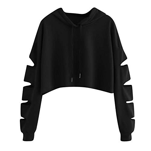 YEBIRAL Bauchfrei Pullover Teenager Mädchen, Damen Pulli Oberteile Casual Destroyed Langarmshirt Sport Crop Tops Kapuzenpullover Hoodie Sweatshirt(M,Schwarz) von YEBIRAL