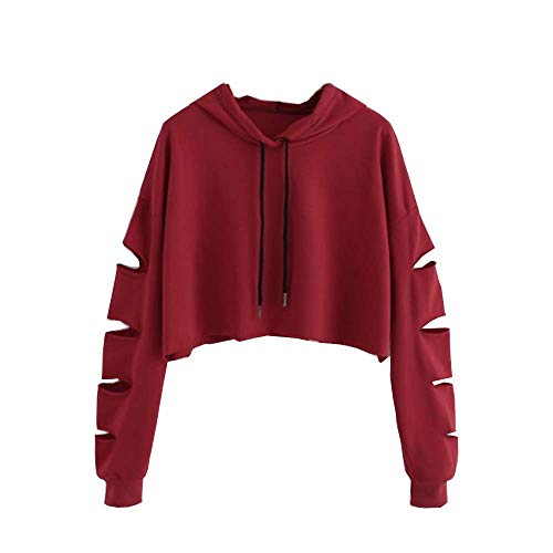 YEBIRAL Bauchfrei Pullover Teenager Mädchen, Damen Pulli Oberteile Casual Destroyed Langarmshirt Sport Crop Tops Kapuzenpullover Hoodie Sweatshirt(S,Rot) von YEBIRAL