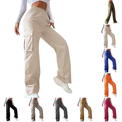 YEBIRAL Cargohose Damen Baggy Y2K Hosen Stretch High Waist Jogginghose Straight Leg Freizeithose Sweathose Elastische Bund E-Girl Style 90er Boyfriend Pants Streatwear mit Taschen von YEBIRAL