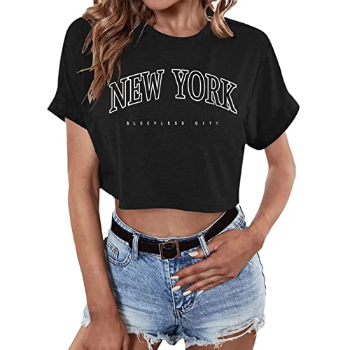 YEBIRAL Crop Top Damen, Teenager Mädchen Brief Drucken T-Shirt Kurzarm Sportshirt Bauchfreie Oberteile Lose Bluse Casual Kurz Sport Streetwear Y2K Sweatshirt Tops von YEBIRAL