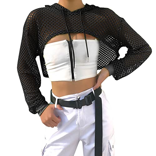 YEBIRAL Cropped Hoodie Damen Mesh Langarm Cut Out Pullover Netzoberteil Sexy Crop Tops Casual Kapuzenpullover Sweatshirt mit Kapuze Kordelzug von YEBIRAL