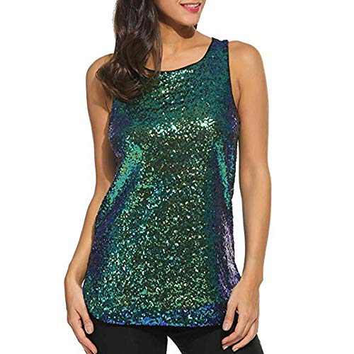 YEBIRAL Damen 1920er Glitzer Paillette Top Sparkle verziert Shimmer Shirt Rundhals Loose Fit Ärmellos Bluse Weste Tank Tops Casual Vest Tunika(S,Grün) von YEBIRAL