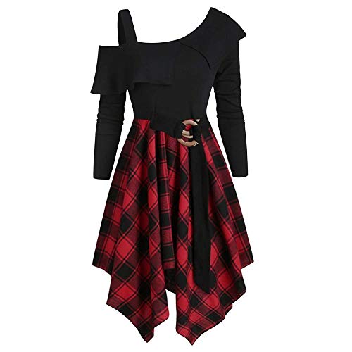 YEBIRAL Damen 50s Vintage Rockabilly Kleid Langarm Abendkleid Frauen Kariert Ungerader Saum Weihnachten Kleider Party Cosplay Kostüm Gothic Punk Mittelalter Schulterfrei Cocktailkleid von YEBIRAL