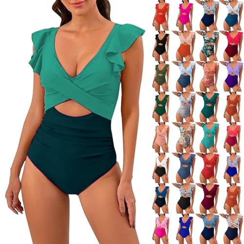 YEBIRAL Damen Badeanzug Bauchweg Sexy Push Up Einteilige Bademode Rüschen V Ausschnitt Monokinis Ruched Badeanzüge Sommer One Piece Swimsuit Schwimmanzug Badebekleidung Swimwear von YEBIRAL