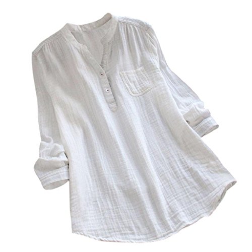 YEBIRAL Damen Bluse Lose Einfarbig Große Größen V-Ausschnit Langarm Leinen Lässige Tops T-Shirt Bluse S-5XL(EU-46/CN-3XL,Weiß) von YEBIRAL