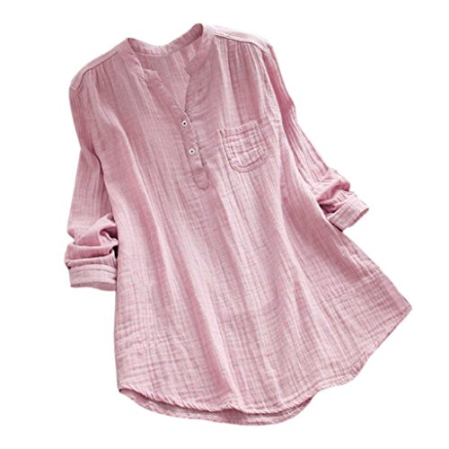 YEBIRAL Damen Bluse Lose Einfarbig Große Größen V-Ausschnit Langarm Leinen Lässige Tops T-Shirt Bluse S-5XL(EU-48/CN-4XL,Rosa) von YEBIRAL