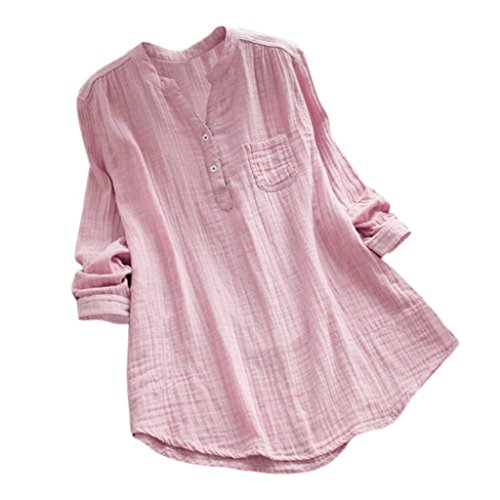 YEBIRAL Damen Bluse Lose Einfarbig Große Größen V-Ausschnit Langarm Leinen Lässige Tops T-Shirt Bluse S-5XL(EU-36/CN-S,Rosa) von YEBIRAL