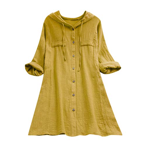 YEBIRAL Damen Bluse V-Ausschnit Langarm Shirt Leinen Einfarbig Lässige Lose Tunika Tops T-Shirt Hemdbluse Große Größen (5XL, X-Gelb) von YEBIRAL