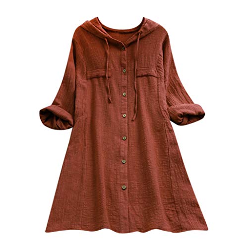 YEBIRAL Damen Bluse V-Ausschnit Langarm Shirt Leinen Einfarbig Lässige Lose Tunika Tops T-Shirt Hemdbluse Große Größen (EU-38/CN-M, X-Kaffee) von YEBIRAL