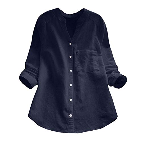 YEBIRAL Damen Bluse V-Ausschnit Langarm Shirt Leinen Einfarbig Lässige Lose Tunika Tops T-Shirt Hemdbluse Große Größen (EU-40/CN-L, B- Blau) von YEBIRAL