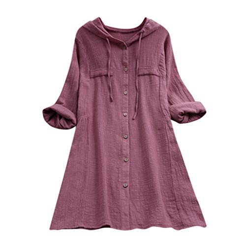 YEBIRAL Damen Bluse V-Ausschnit Langarm Shirt Leinen Einfarbig Lässige Lose Tunika Tops T-Shirt Hemdbluse Große Größen (EU-40/CN-L, X-Rosa) von YEBIRAL