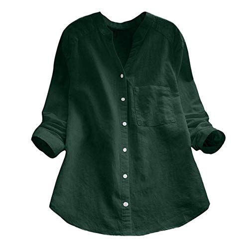 YEBIRAL Damen Bluse V-Ausschnit Langarm Shirt Leinen Einfarbig Lässige Lose Tunika Tops T-Shirt Hemdbluse Große Größen (EU-42/CN-XL, B- Grün) von YEBIRAL