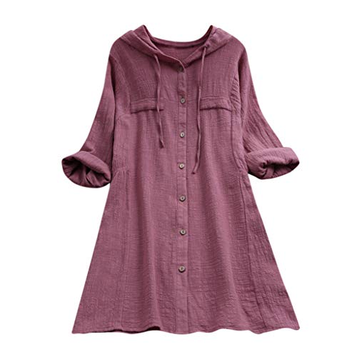 YEBIRAL Damen Bluse V-Ausschnit Langarm Shirt Leinen Einfarbig Lässige Lose Tunika Tops T-Shirt Hemdbluse Große Größen (EU-42/CN-XL, X-Rosa) von YEBIRAL