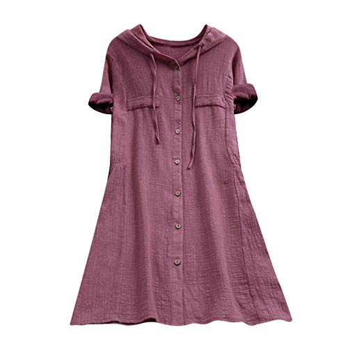 YEBIRAL Damen Bluse V-Ausschnit Langarm Shirt Leinen Einfarbig Lässige Lose Tunika Tops T-Shirt Hemdbluse Große Größen (EU-46/CN-3XL, 01-Rosa) von YEBIRAL