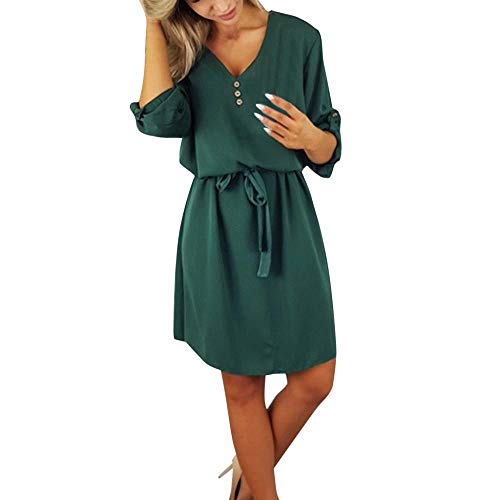 YEBIRAL Damen Casual Blusenkleid Kleider 3/4 Ärmel Elegant V-Ausschnitt Button Down Beiläufige Tägliche Business Party Kleid Sommerkleid Mit Gürtel(L,Grün) von YEBIRAL