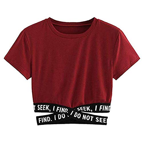 YEBIRAL Damen Crop Top, Teenager Mädchen Brief Drucken Bauchfrei Oberteil Pullover Kurzarm T-Shirt Sweatshirt Kurz Sport Rundhals Tops Shirt Hemd Bluse von YEBIRAL