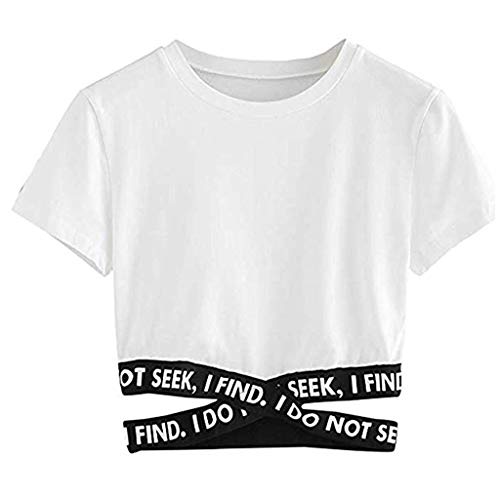 YEBIRAL Damen Crop Top, Teenager Mädchen Brief Drucken Bauchfrei Oberteil Pullover Kurzarm T-Shirt Sweatshirt Kurz Sport Rundhals Tops Shirt Hemd Bluse von YEBIRAL