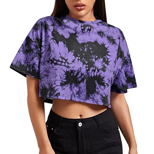 YEBIRAL Damen Crop Top Kurzarm Sportshirt Sommer Rundhals Bauchfreie Tops Sweatshirt T-Shirt Teenager Mädchen Locker Casual Pullover Oberteile Bluse von YEBIRAL