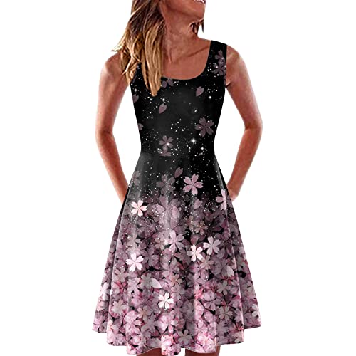 YEBIRAL Damen Elegant Kleider Sommerkleid Blumendruck Hohe Taille Freizeitkleid Knielang Ärmellose Casual Partykleid Swing A Linie Minikleid Strandkleider Cocktailkleid von YEBIRAL