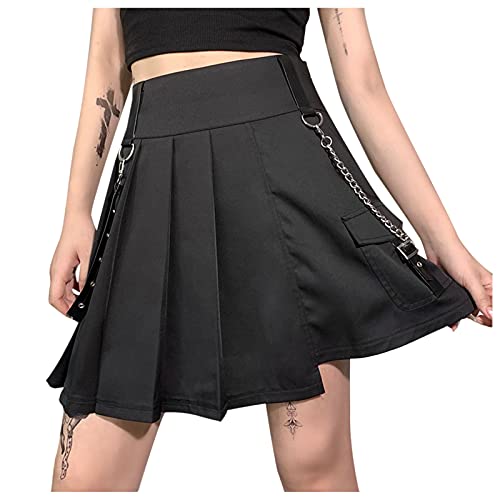 YEBIRAL Damen Faltenrock Gothic Steampunk Kurz High Waist Plissee Minirock Harajuku Stil Schwarz Skater Rock mit Metall Kette von YEBIRAL