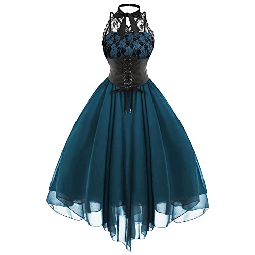 YEBIRAL Damen Gothic Kleid Cocktailkleid Spitze Abendkleider Rockabilly Retro Vintage Steampunk Neckholder Kleid Chiffonkleid Elegant Ärmellos A-Line Partykleid Festliche Kleider von YEBIRAL